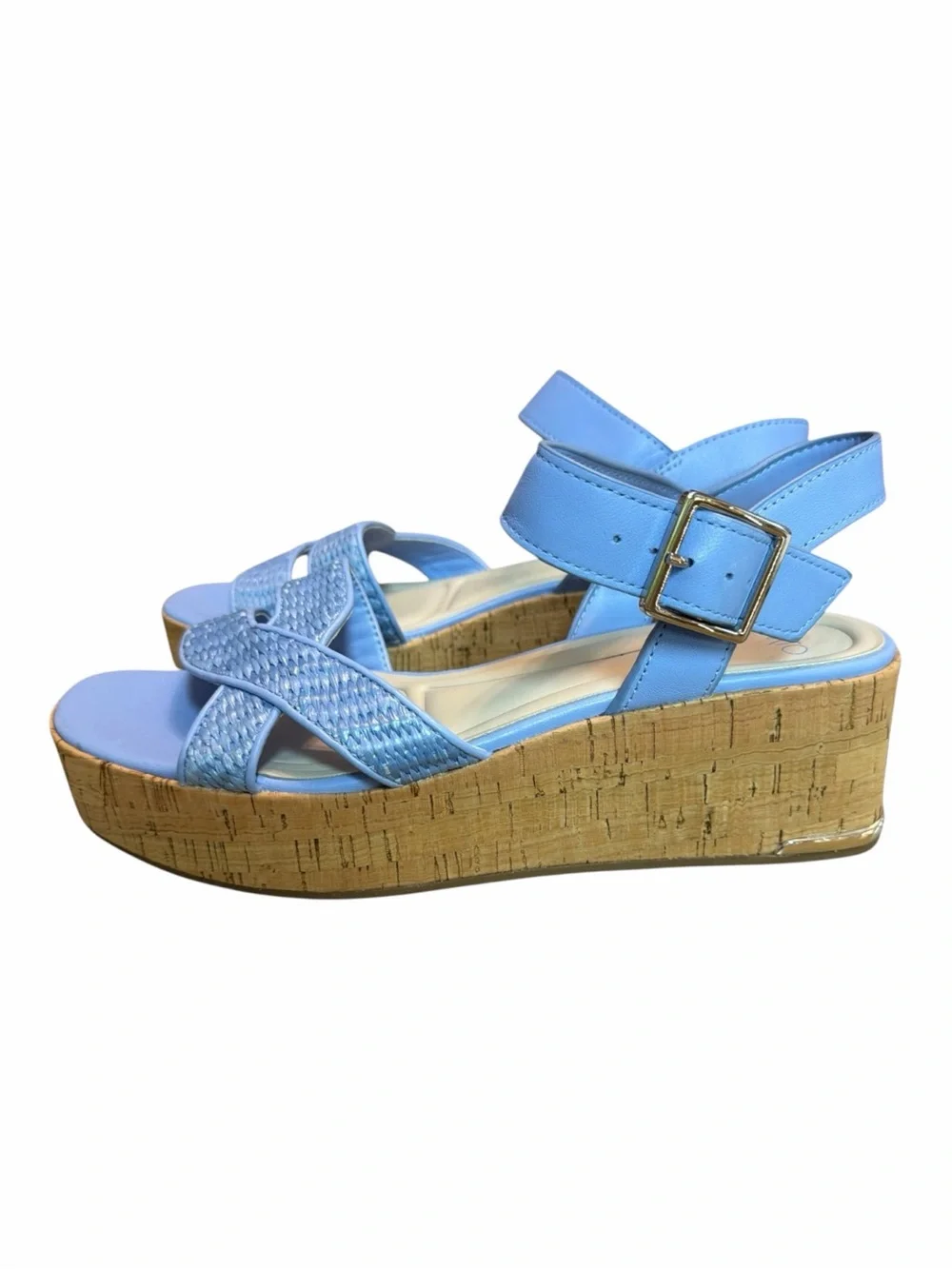Franco Sarto Blue Cork Platform Wedge Sandals Womens Size 8 NWOB